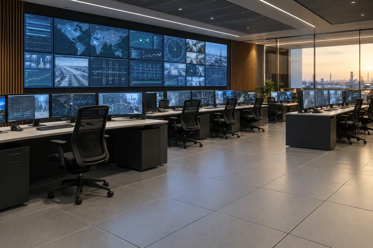 Illustrative control and command room environment with operator consoles and modular flooring