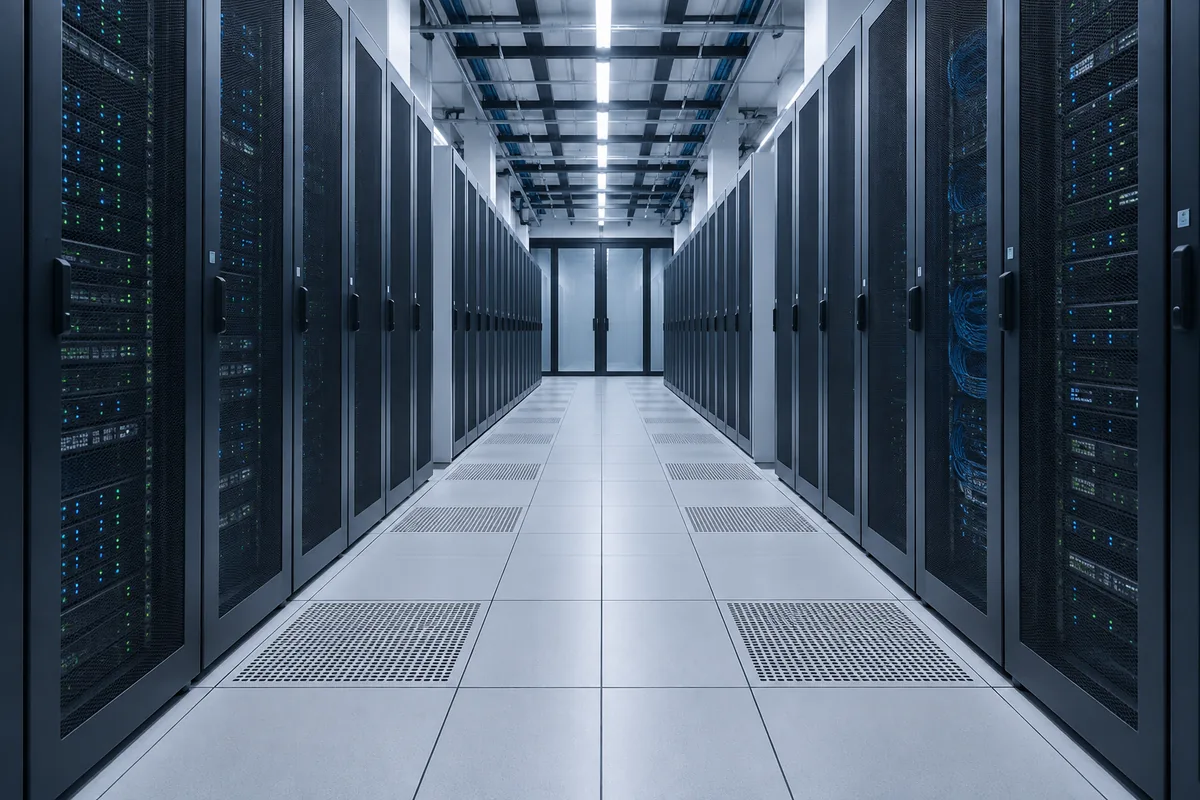 Illustrative data center environment with server racks and modular raised access flooring