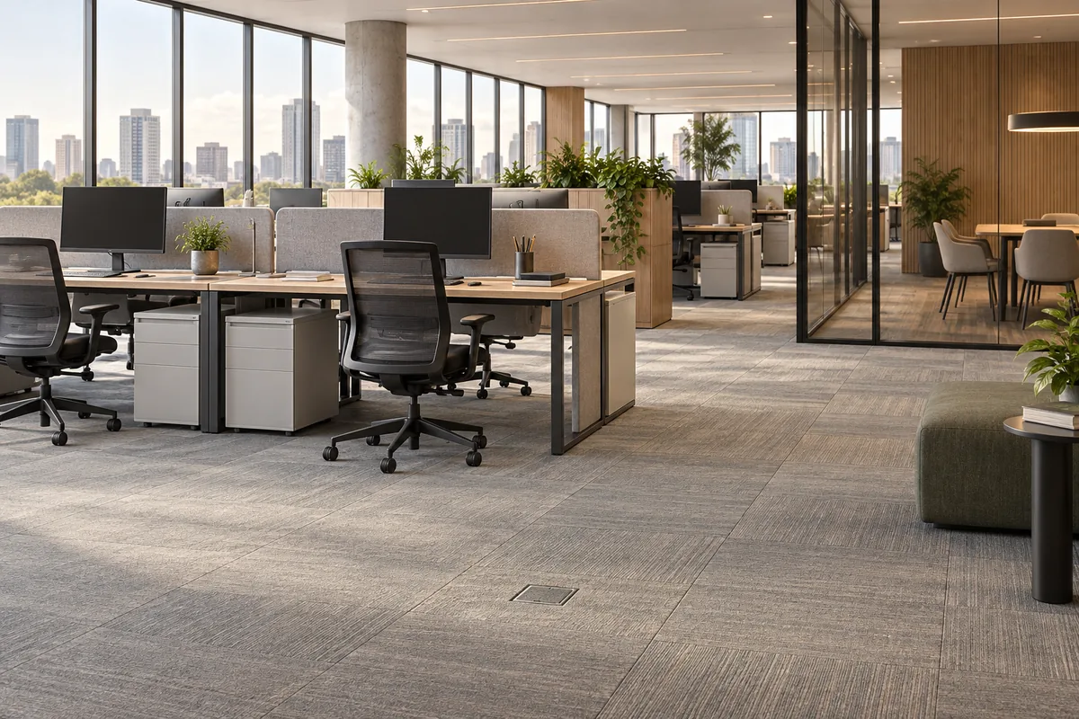 Illustrative office environment with modular carpet flooring and a floor service outlet